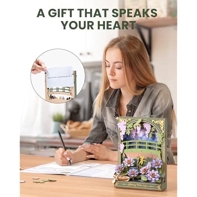 3D WOODEN PUZZLE FOR ADULTS KIDS WITH LED LIGHT, FLOWER MODEL KITS, TABLETOP DISPLAY, WALL ART DECO, PUZZLE GIFTS FOR WOMEN MEN TH001 WATER LILY - Image 4